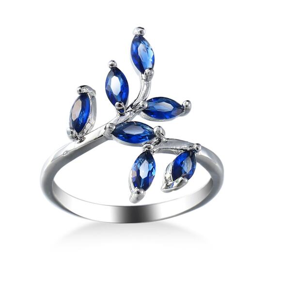 Blue leaf bypass RING - Silver - CZs - size 9 - Picture 1 of 5